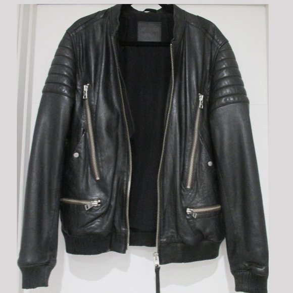 ALL SAINTS MEN'S SANDERSON BLACK LEATHER BOMBER JACKET SIZE XL - Picture 2 of 13